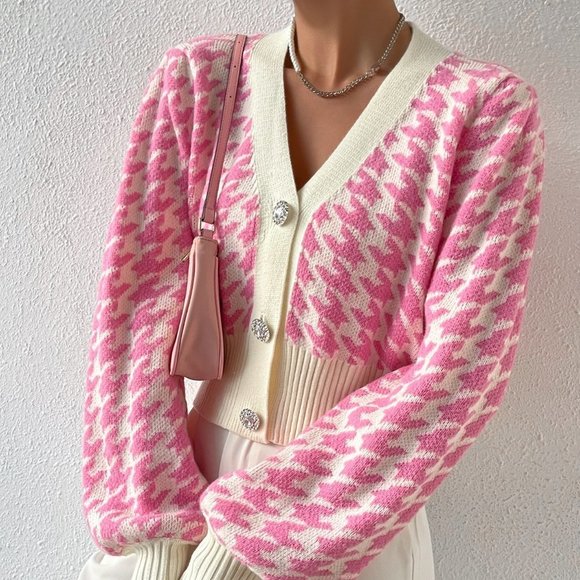 . Sweaters - Multicolor Preppy Womens Houndstooth Pattern Lantern Sleeve Cardigan